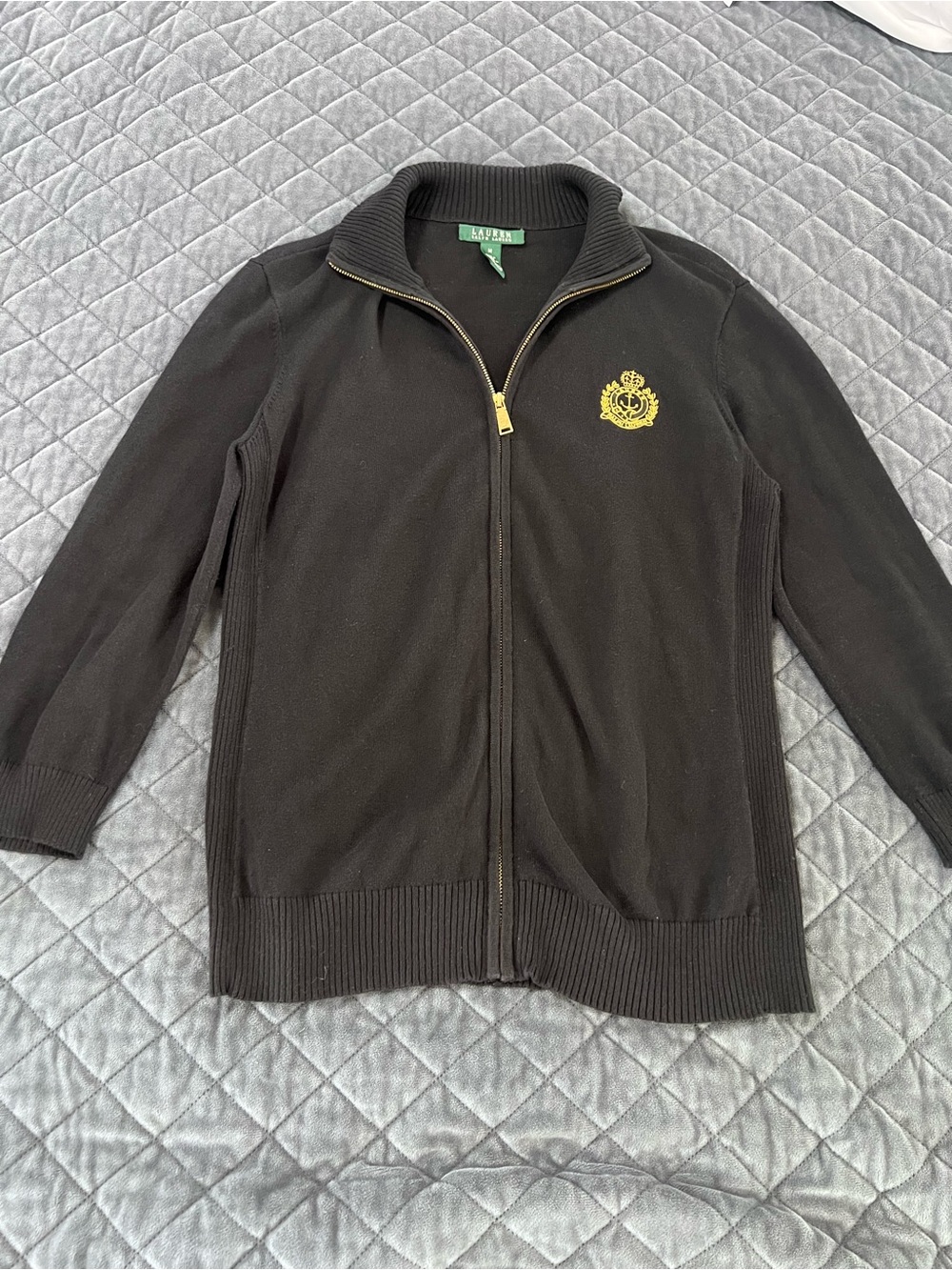 Lauren Ralph Lauren Sweater Jacket Womens Medium Black Gold Anchor Zip Up B18